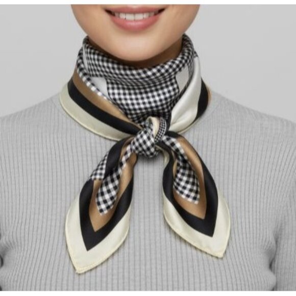 ❤️❤️Elegant Bandana Geometric Scarf Silky Satin Soft Beige Black Checkered Wrap - Picture 1 of 7